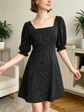 🐨🐨100% Silk,Black Polka Dot Square-Neck Puff Sleeve Silk Dress